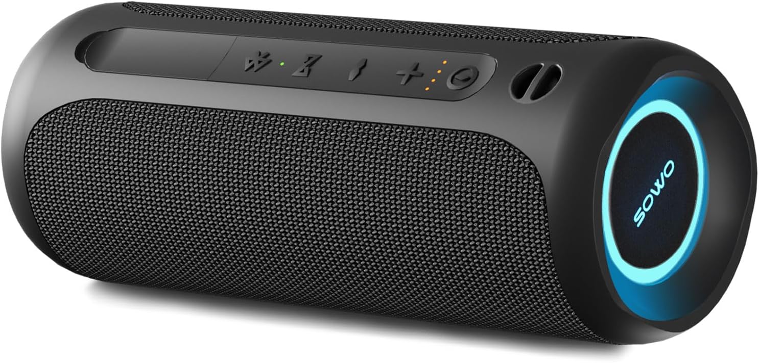 Portable Speaker, Wireless Bluetooth Speaker, IPX7 Waterproof, 25W Loud Stereo Sound, Bassboom Technology, TWS Pairing, Built-in Mic, 16H Playtime with Lights for Home Outdoor – Black