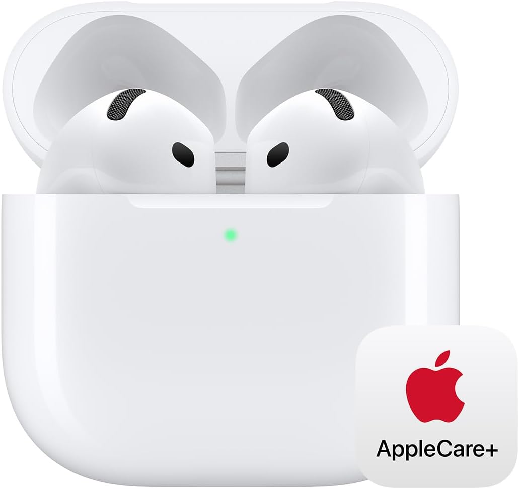 Apple AirPods 4 Wireless Earbuds, Bluetooth Headphones, Personalized Spatial Audio, Sweat and Water Resistant, USB-C Charging Case, H2 Chip, Up to 30 Hours of Battery Life with AppleCare+ (2 Years)