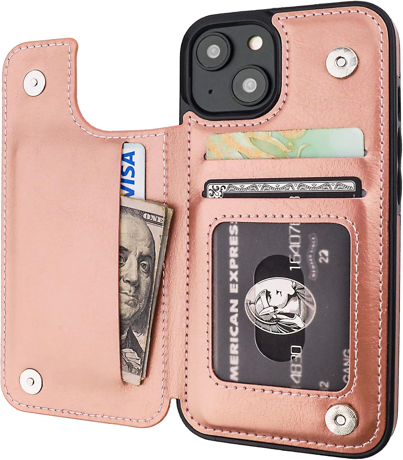 Compatible with iPhone 14 Wallet Case with Card Holder, PU Leather Kickstand Card Slots Case, Double Magnetic Clasp and Durable Shockproof Cover 6.1 Inch (Rose Gold)