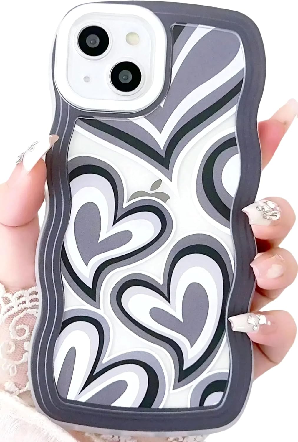 Compatible with iPhone 15 Heart Case for Women Girls,Aesthetic Cute Wavy Design Soft Shockproof Cell Phone Cover for iPhone 15 6.1 Inch (Black)