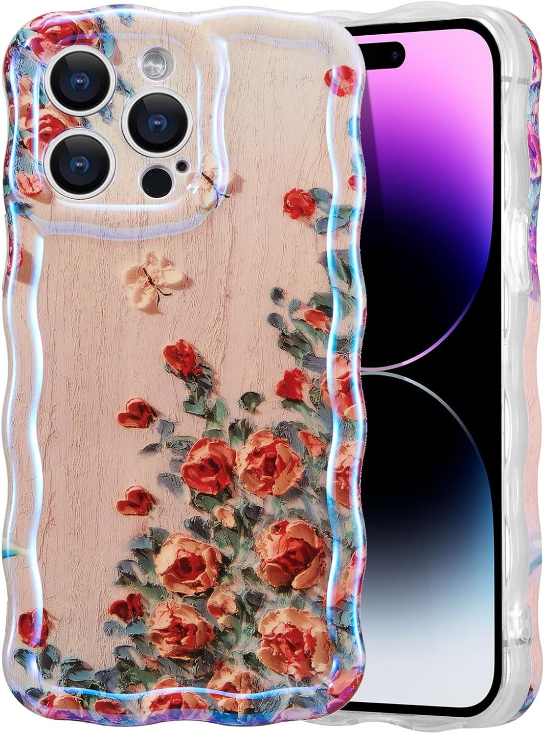 EYZUTAK Case for iPhone 12 Pro Max, Colorful Retro Oil Painting Printed Flower Laser Glossy Pattern Cute Curly Wave Edge Exquisite Phone Cover Stylish Durable TPU Protective Case for Girls Women-Beige