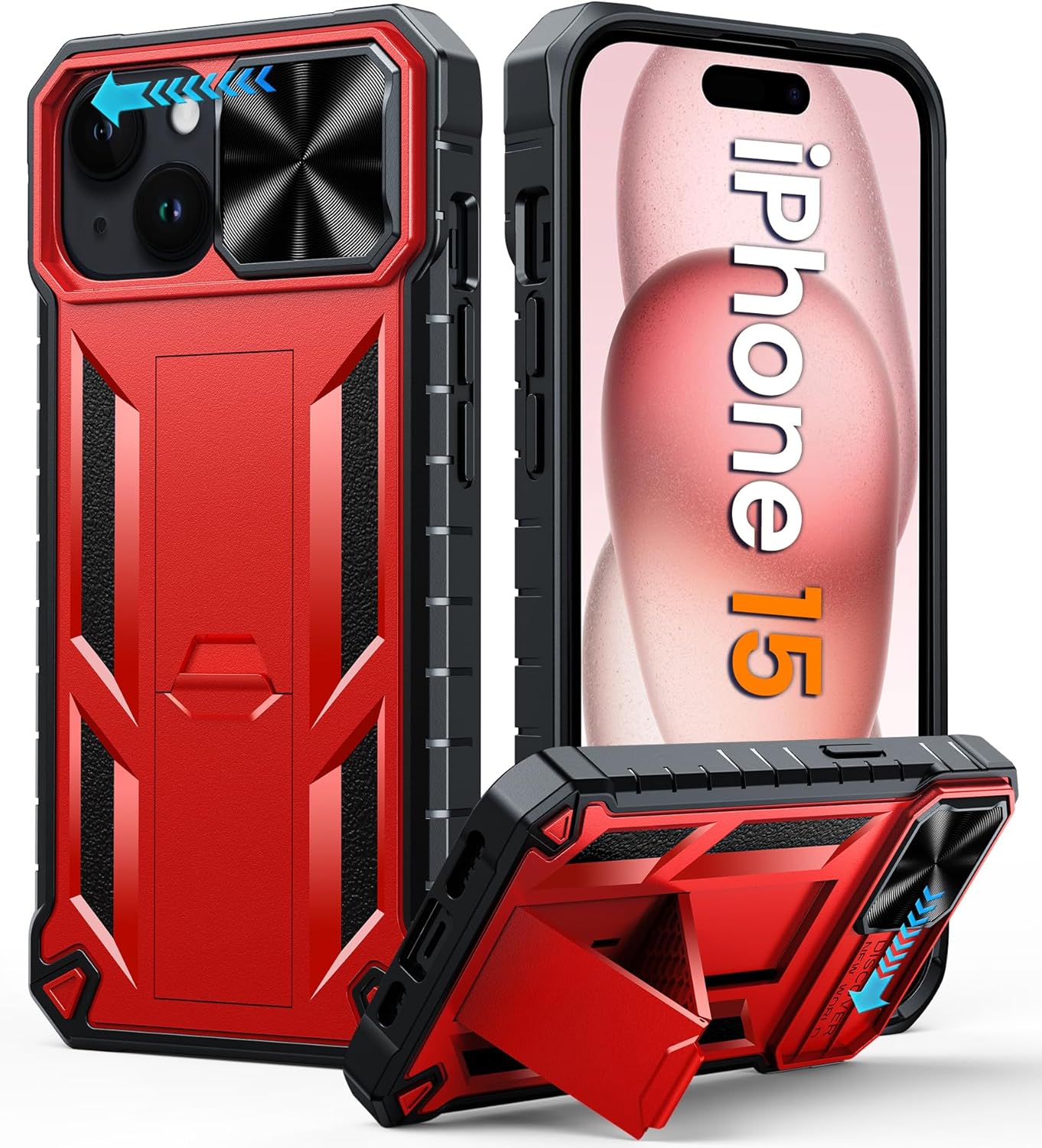 FNTCASE for iPhone 15 Protective Phone-Case: Military Grade Dropproof Cell Phone Cover with Kickstand & Slide | Heavy Duty Rugged Phonecase Bumper Textured | Heavy Duty Protector(Red)