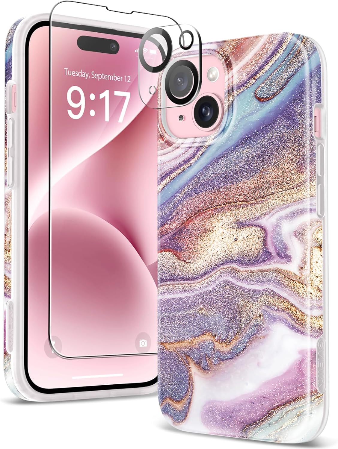 GVIEWIN Marble for iPhone 15 Case, with Screen Protector & Camera Lens Protector, [10FT Military Grade Drop Protection] Slim TPU Phone Case Cover Women for iPhone 15 6.1" 2023 (Flowing Sakura/Pink)