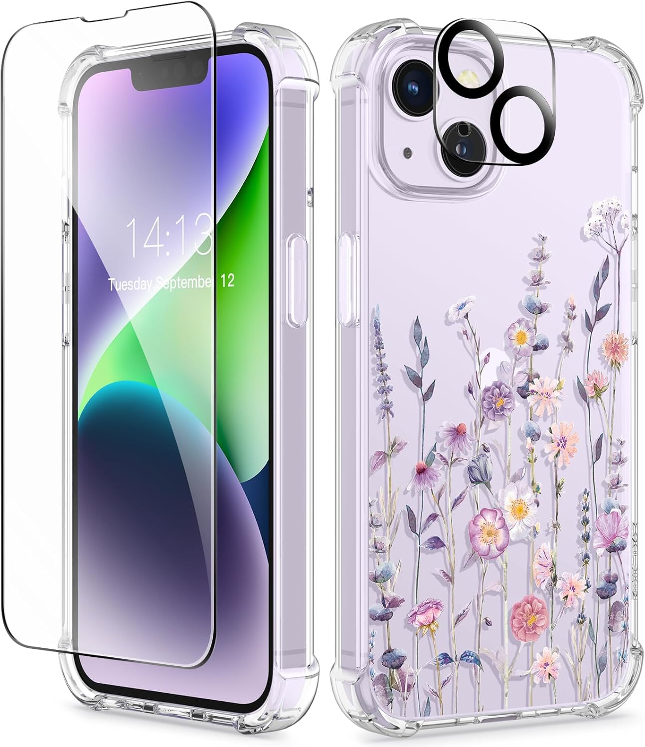 GVIEWIN for iPhone 14 Case Floral, with Screen Protector+Camera Lens Protector,[Non Yellowing]Soft Shockproof Clear Phone Protective Cover for Women, Flower Pattern Design 6.1"(AA-Floratopia/Colorful)