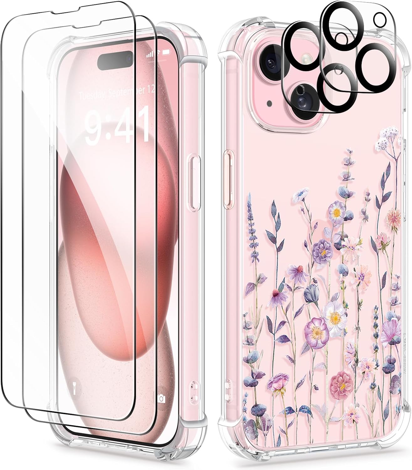 GVIEWIN for iPhone 15 Case, [5 in 1] with 2X Screen Protector & 2X Camera Lens Protector, Clear Soft Shockproof Slim Fit Floral Phone Cover for Women Girls 2023 6.1" (Floratopia/Colorful)