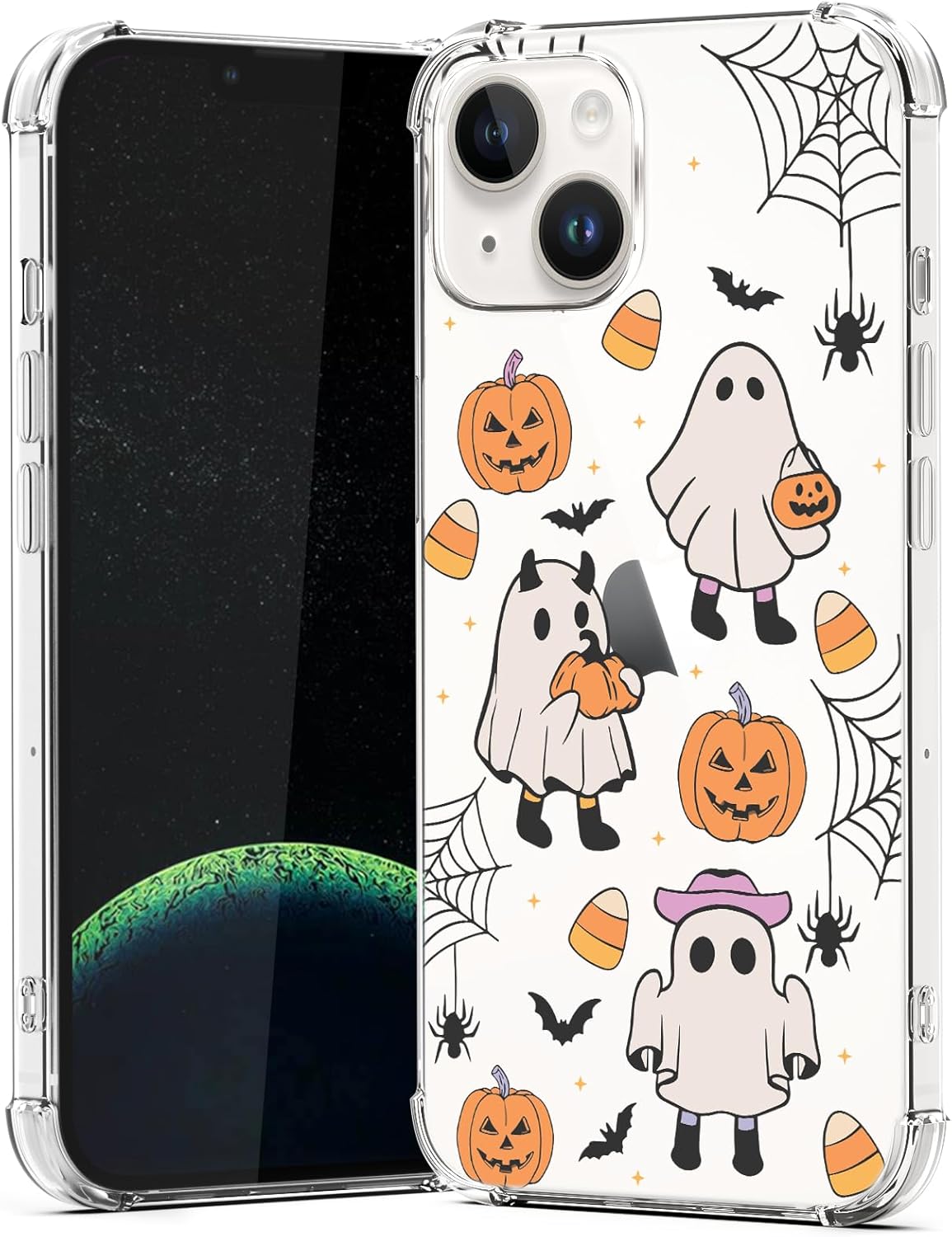 Halloween Case for iPhone 14 Pumpkin, Ghost Cat Designed Soft Slim Fit TPU Anti-Scratch Shockproof Protective Mobile Cover Clear Phone Case for iPhone 14