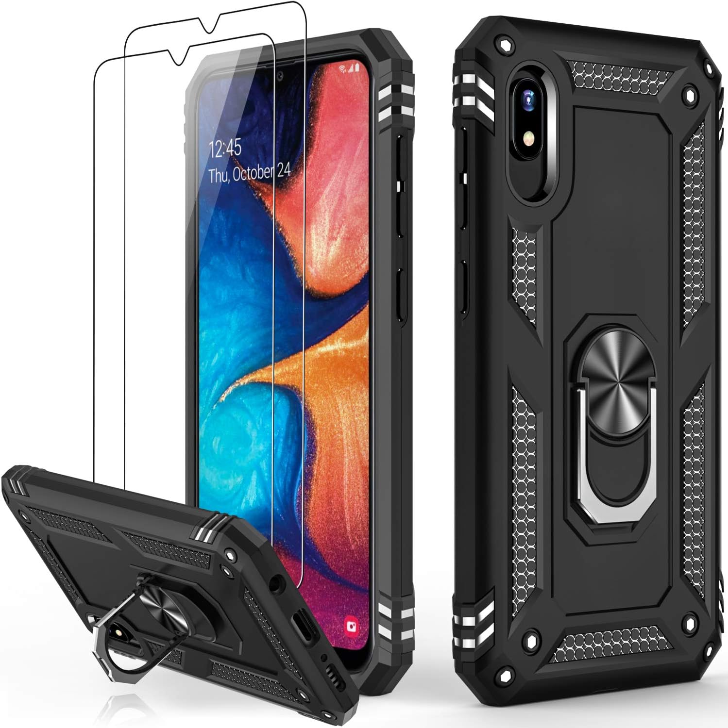 IKAZZ for Galaxy A10e Case with Screen Protector,Military Grade Shockproof Cover Pass 16ft Drop Test with Magnetic Kickstand Car Mount Holder Protective Phone Case for Samsung Galaxy A10e Black