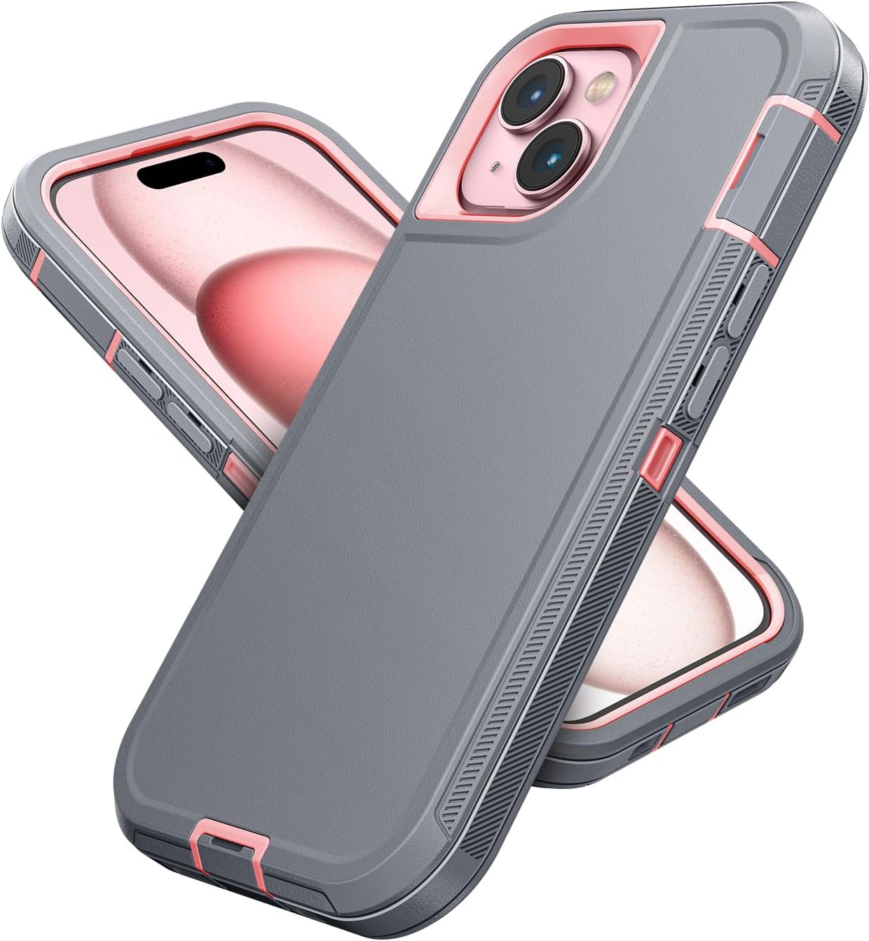 Jelanry Case for iPhone 15 Plus, Heavy Duty Rugged Dual-Layer Protection Phone Case with Anti dust Port Scratch Shockproof Matte Armor Back Covers for Apple iPhone 15 Plus 5G 6.7 inch, Grey/Pink