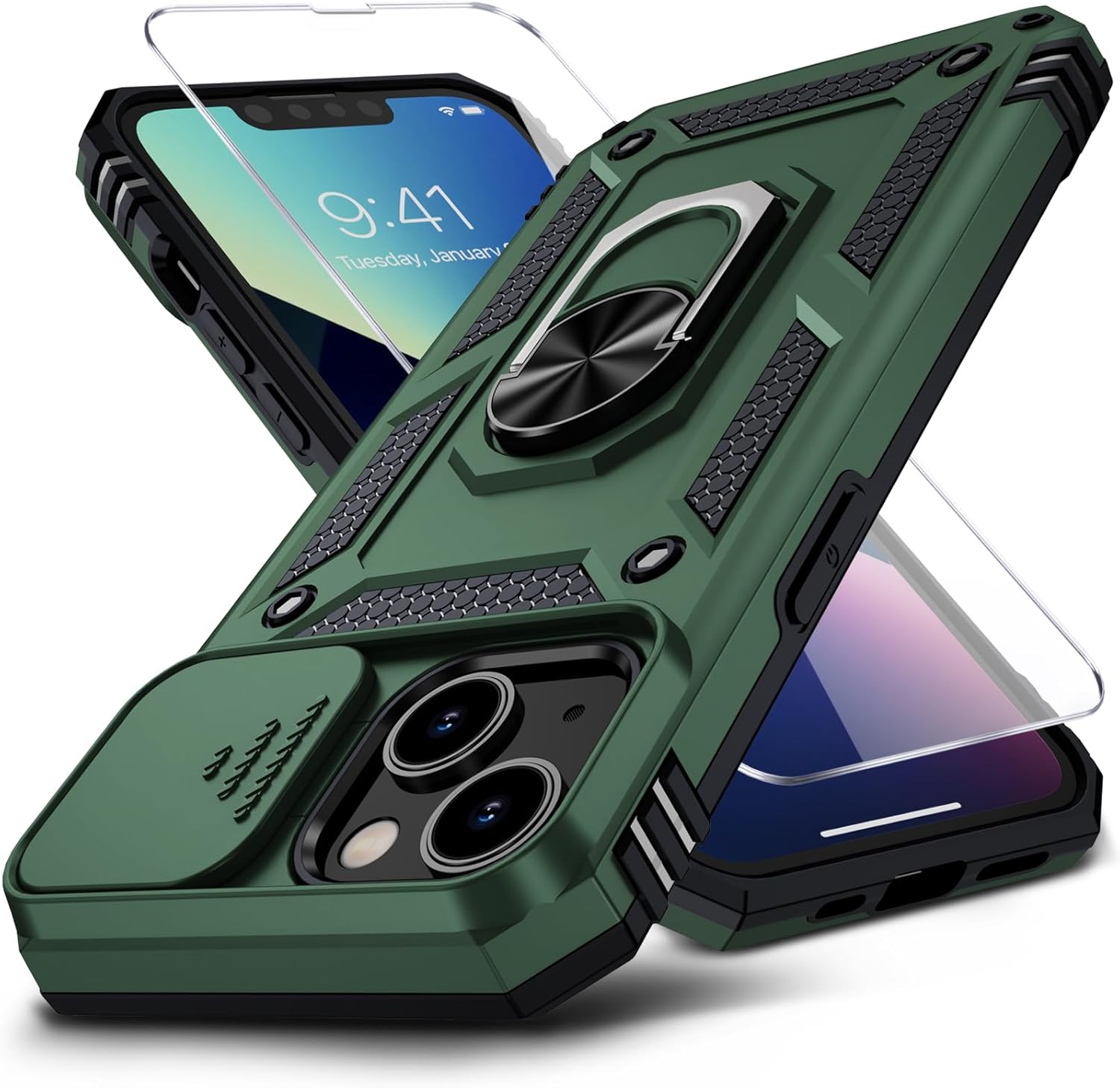 Muntinfe for iPhone 13 Case with HD Screen Protector & Slide Camera Cover & Rotated Ring Kickstand, [Military-Grade] Rugged Heavy Duty Protective Phone Case for iPhone 13 6.1 inch, Pine Green