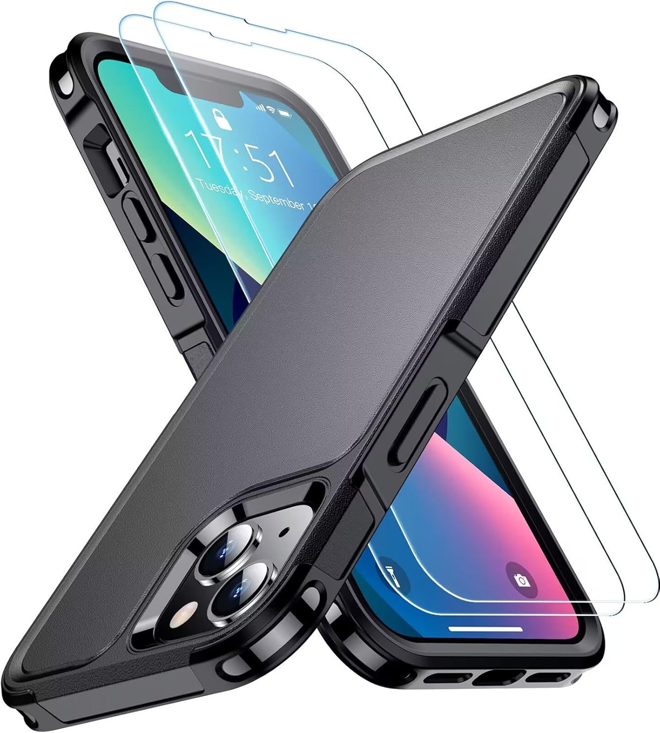 SPIDERCASE Designed for iPhone 13 Case, [10 FT Military Grade Drop Protection] [with 2 pcs Tempered Glass Screen Protector] Case for iPhone 13 6.1 inch (Black)