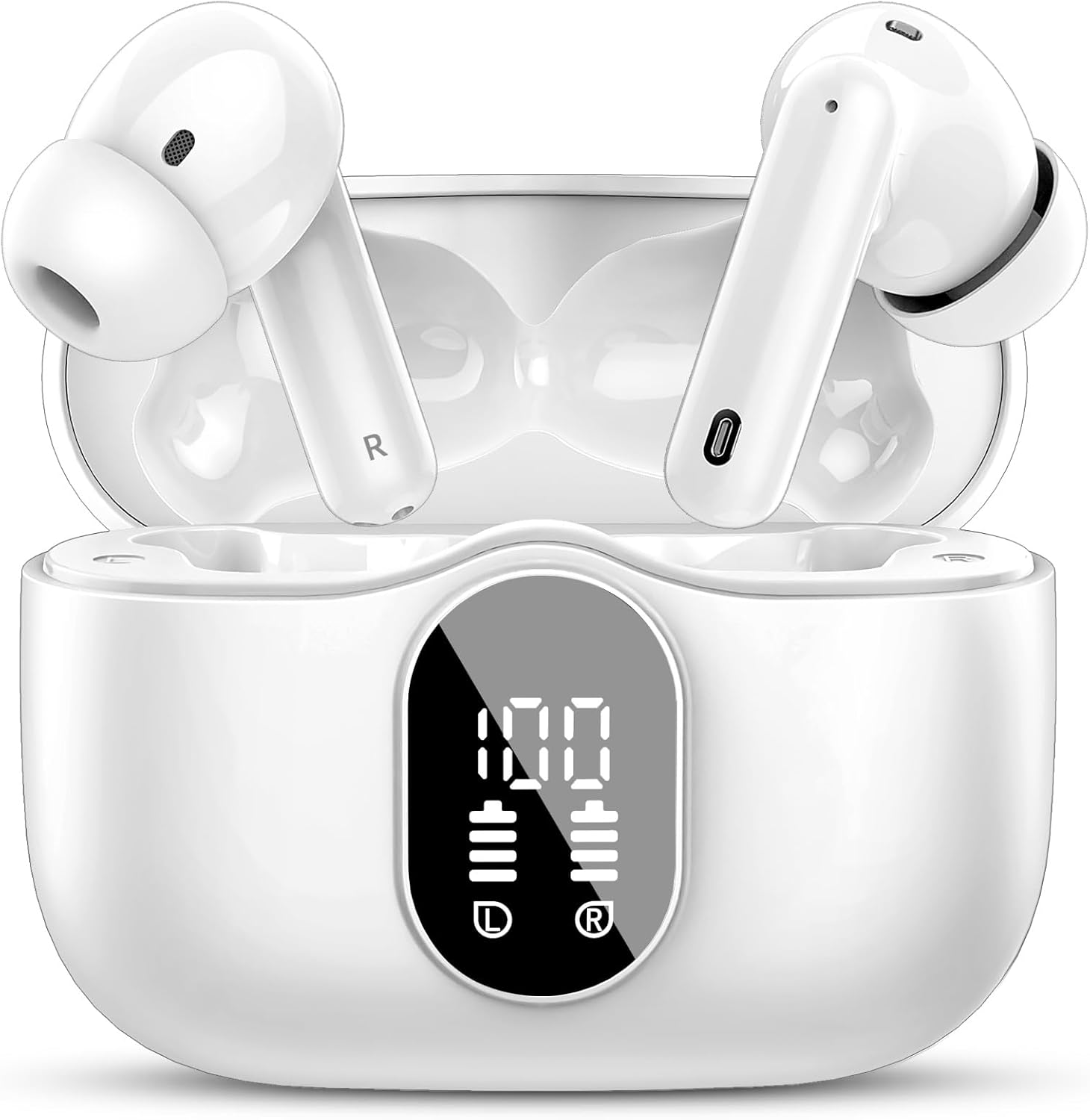 Wireless Earbuds Bluetooth 5.3 Headphones Bass Stereo Ear Buds with Noise Cancelling Mic LED Display in Ear Earphones IP7 Waterproof 36H Playtime for Laptop Pad Phones Sports Workout White