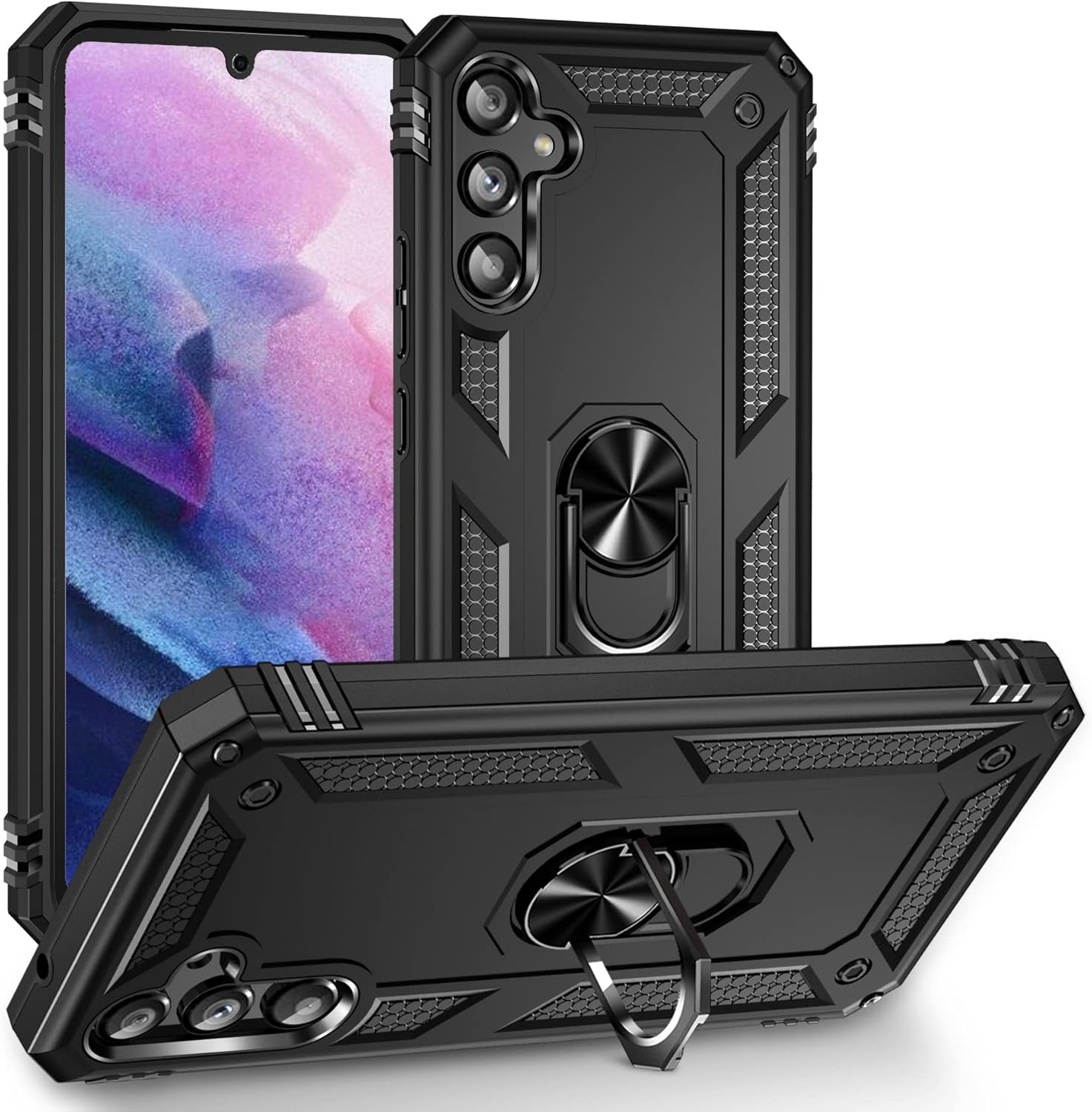 for Samsung Galaxy A34 5G Case, Armour Silicone TPU Bumper Galaxy A34 5G Cover with Rotable Magnetic Ring Stand, Military Shockproof Absorption Protective Cell Phone Case for Samsung A34 Black