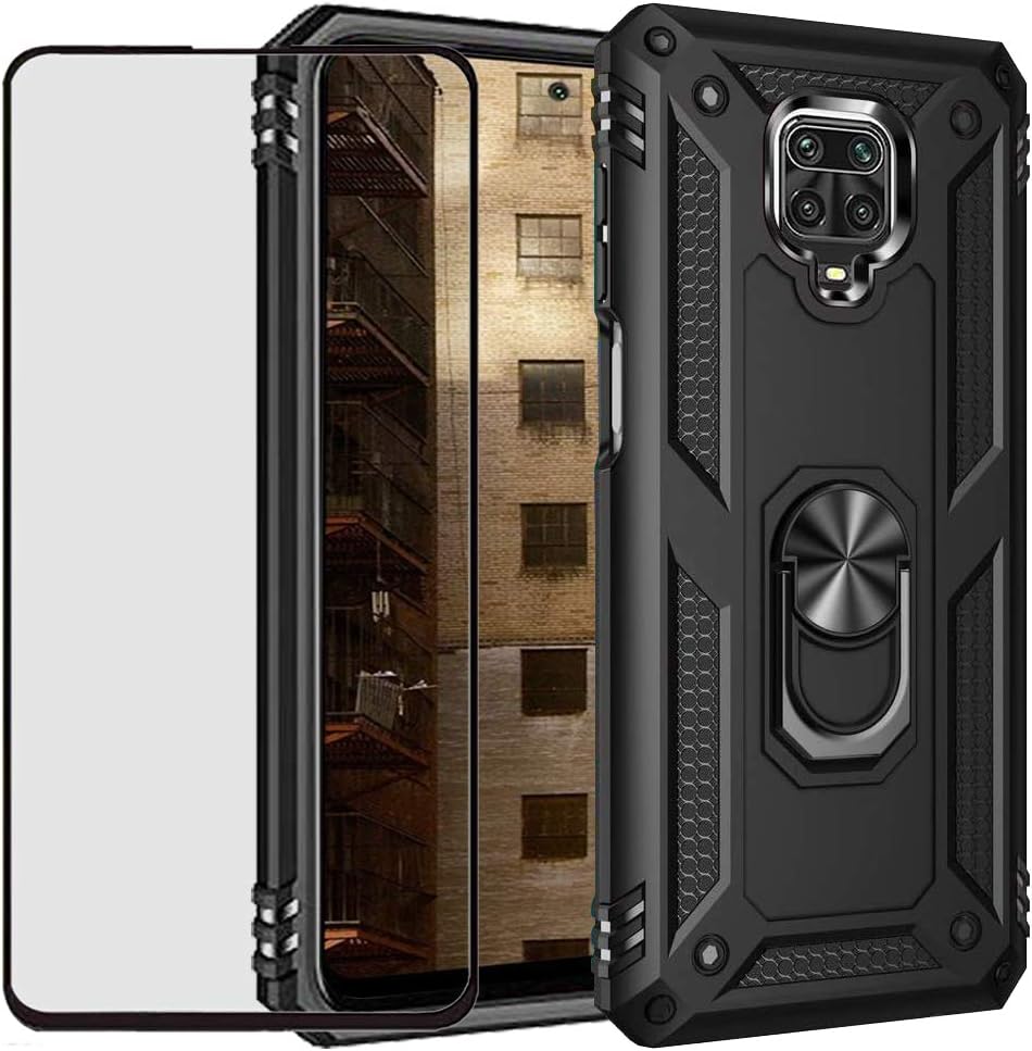 for Xiaomi Redmi Note 9S / Note 9 Pro Case with Tempered Glass Screen Protector,Hybrid Heavy Duty Dual Layer Anti-Scratch Shockproof Defender Kickstand Armor Case Cover, Black