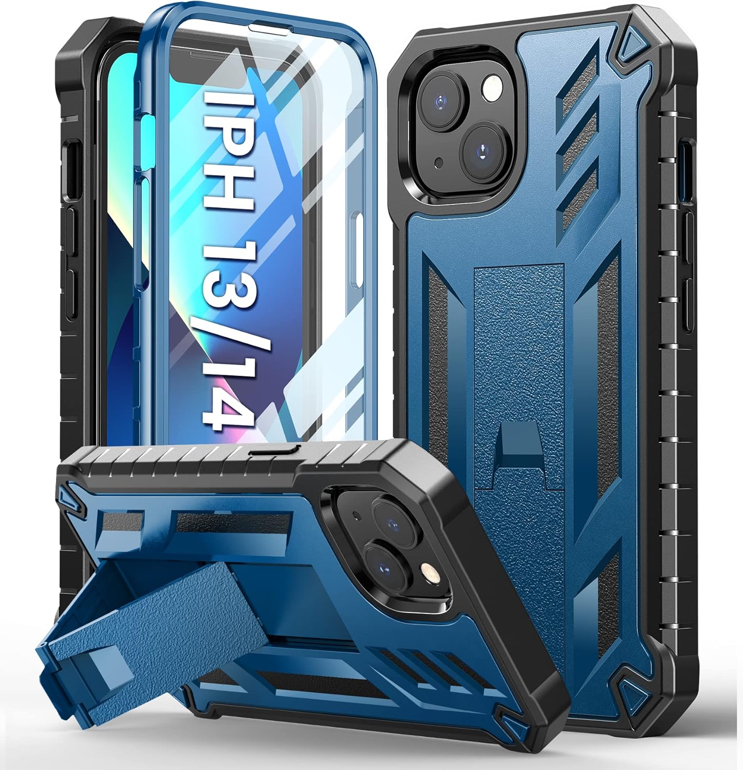 for iPhone 13 Case Protective Cover: iPhone 14 case Heavy Duty Military Grade Hard Protection Shock Proof Grip | Durable Dual-Layer Design iPhone 13-14 Phone Case with Built-in Kickstand Blue