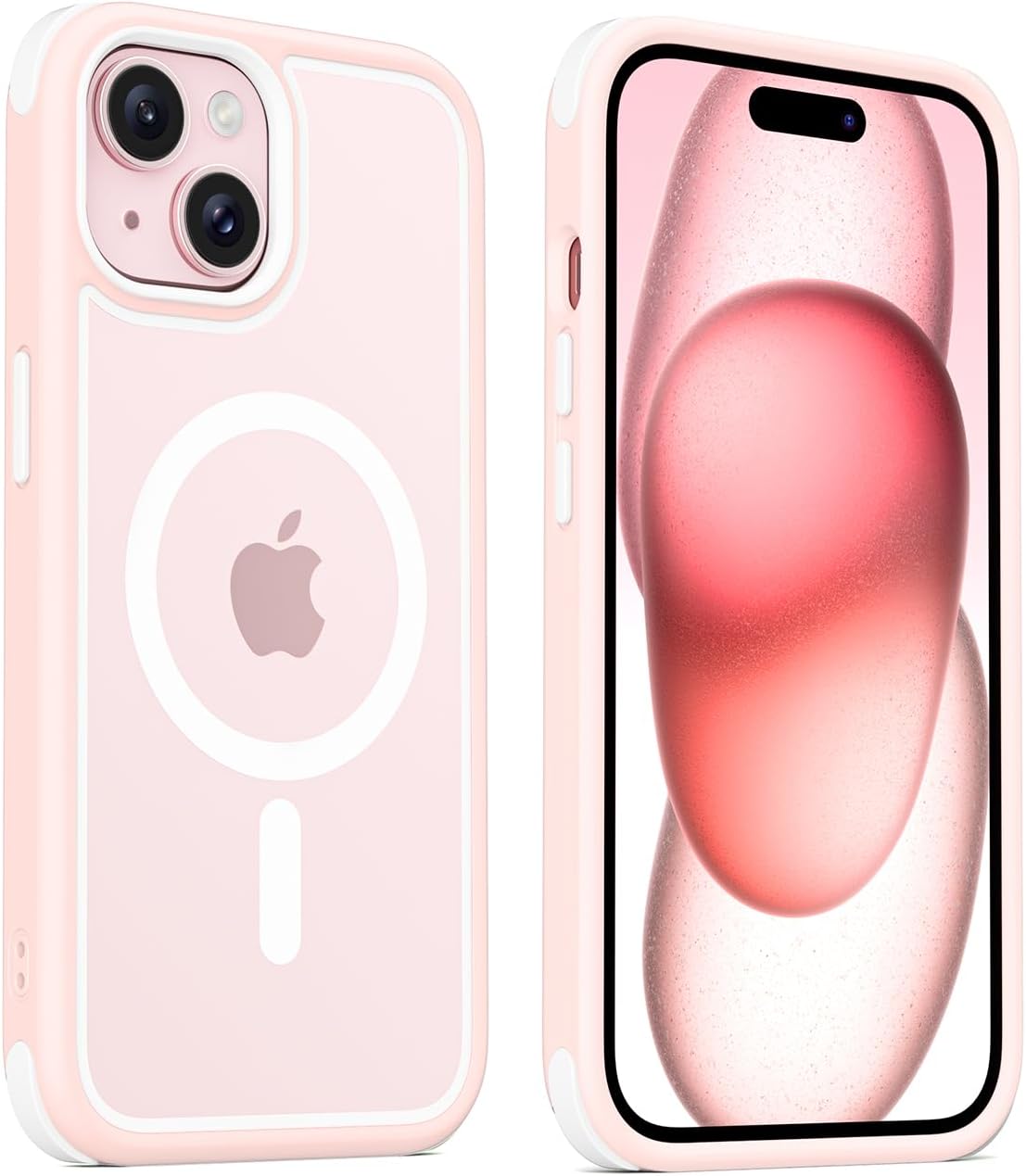 for iPhone 15 Case, Compatible with MagSafe, Crystal Clear Case with Magnetic Ring, Multicolor Protective Shockproof Bumpers, Not Yellowing Slim Cover for Men Women – Pink/White