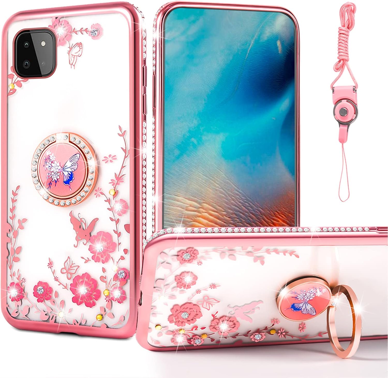 nancheng for Boost Mobile Celero 5G 2021 Case (Not 2024), for Samsung Galaxy A22 5G Case Cute Girls Women Glitter Pink Butterfly Floral Slim TPU Shockproof Protective Cover with Ring Kickstand