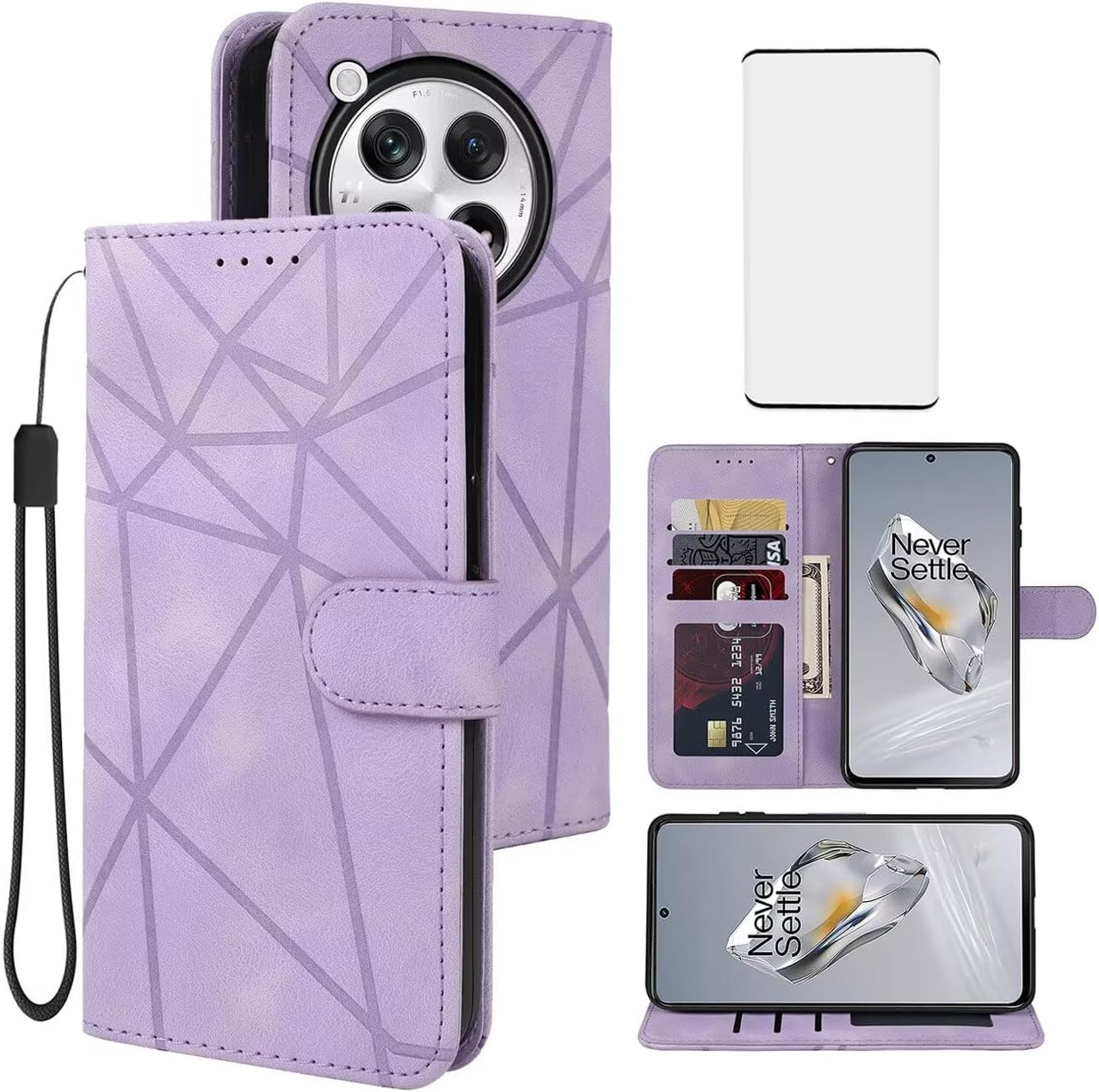 Case for OnePlus 12 Case, PJD110 Wallet Case with Tempered Glass Screen Protector, Flip Leather Case Credit Card Holder Wrist Strap Stand Phone Cover for OnePlus 12 5G Purple