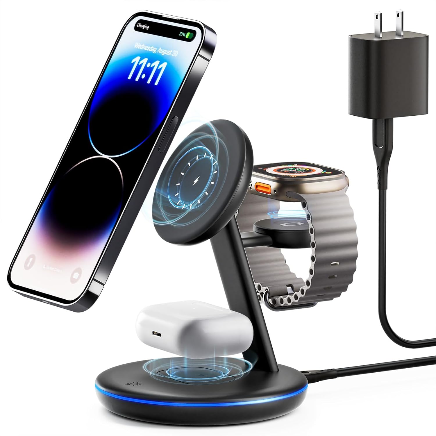 3 in 1 Charging Station for Apple Devices, Mag – Safe Charger Stand,15 W Fast Magnetic Charger Wireless Compatible for iPhone 16 15 14 13 12 Pro/Max/Plus/Mini, AirPods Pro/3/2, iWatch 9/8/7/6/SE/5/4