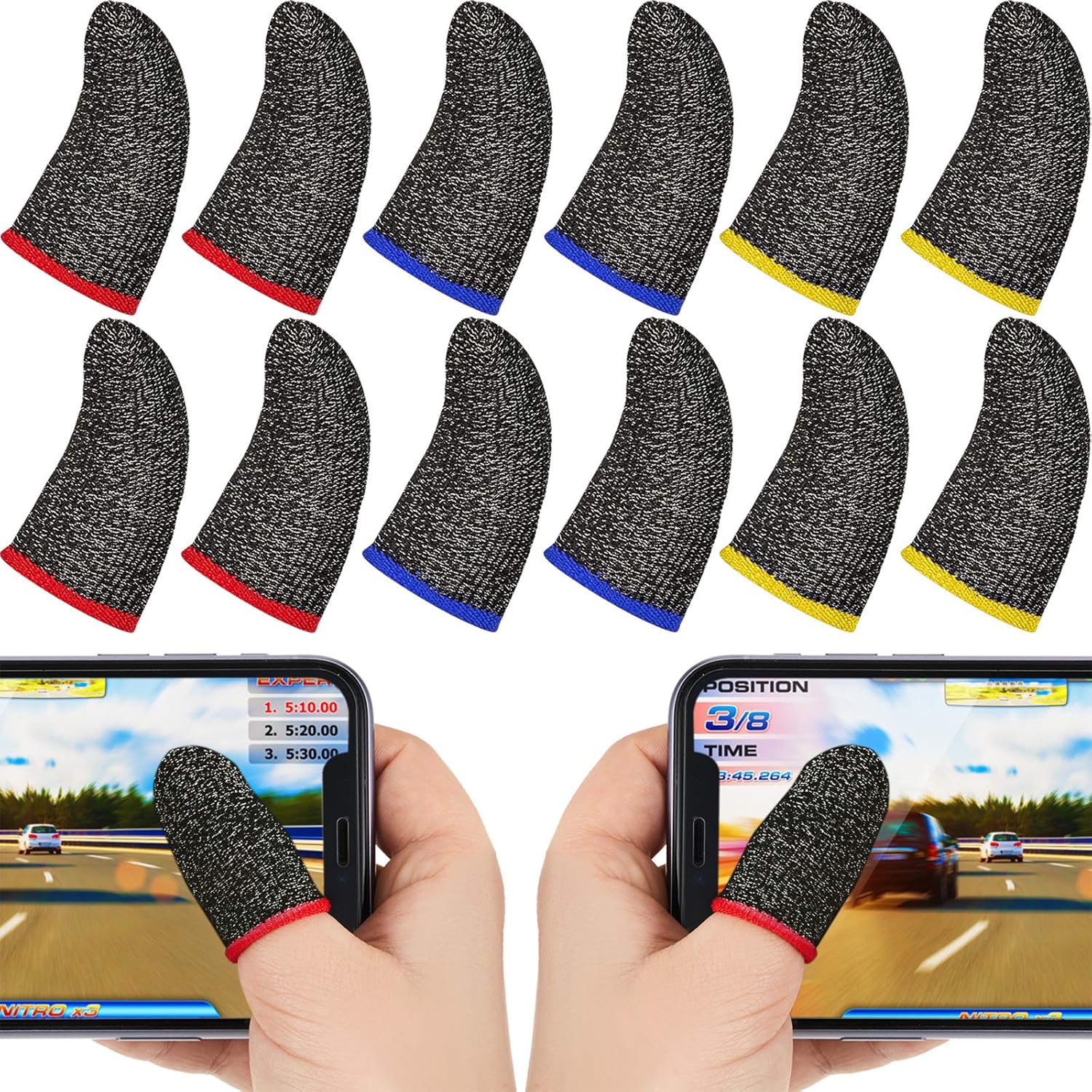 30 Piece Finger Sleeve for Gaming Mobile Game Controller Finger Thumb Sleeve Anti Sweat Breathable Seamless Touchscreen Finger Cover Silver Fiber for Phone Game(Red Brim, Yellow Brim, Blue Brim)