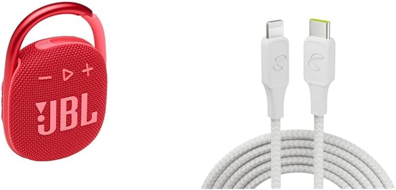 JBL Clip 4 – Portable Mini Bluetooth Speaker -(Red) and InfinityLab InstantConnect USB-C to Lightning – 20W PD Fast Charging Cable for iPhone and iPad – White