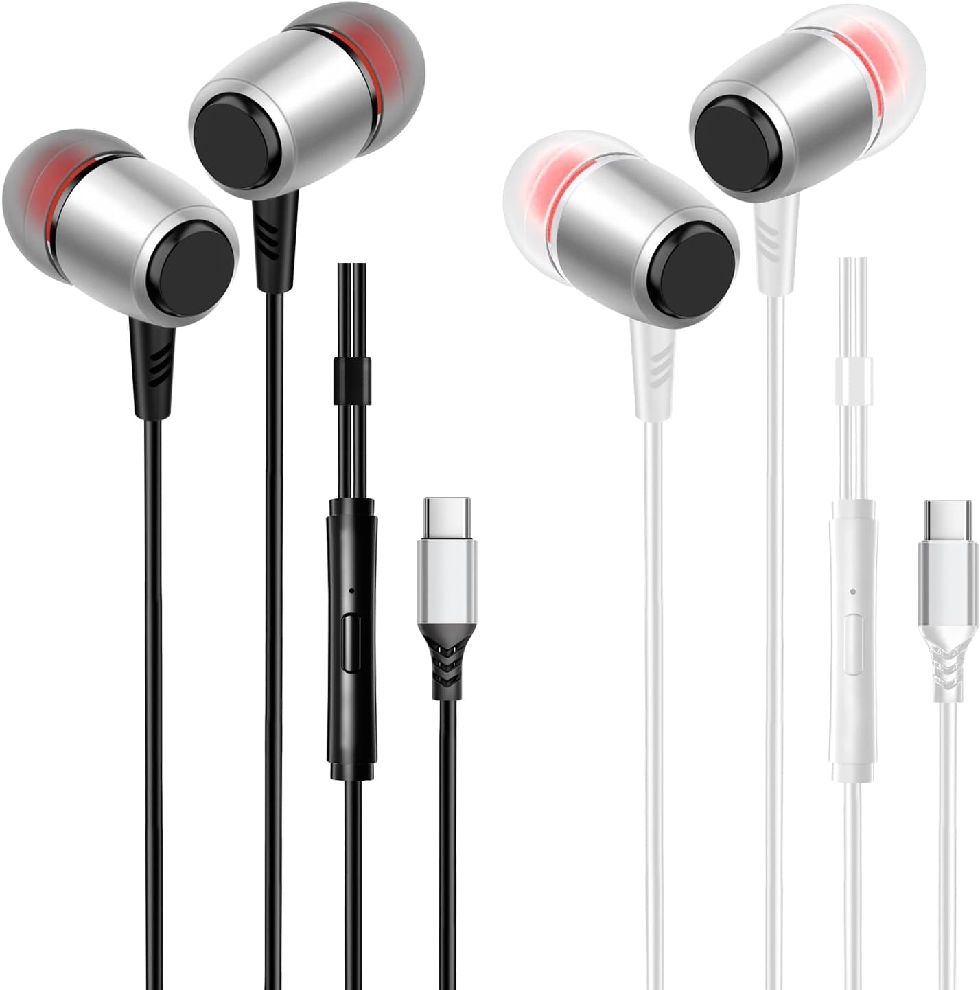 VPB 2 Packs USB C Wired Earbuds with Microphone, Type C in-Ear Earphones, Heavy Bass Clear Sound, for USB Type C iPhone 15 iPad Pro MacBook Samsung Google Pixel Android Devices (Black White)