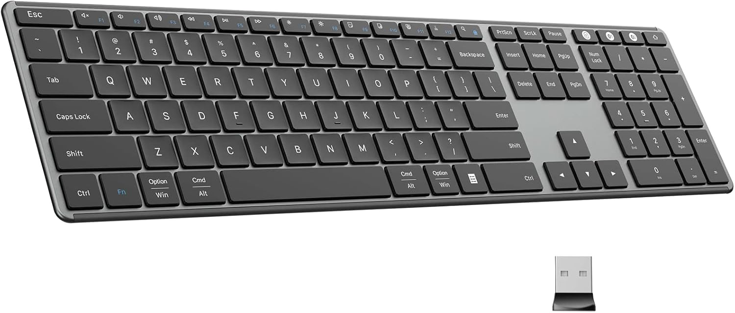 AUSDOM Wireless Bluetooth Keyboard Full Size, Quiet Slim Multi-Device Rechargeable Cordless QWERTY Keyboard with Number Pad, Low Profile Silent Flat Universal Keyboard for Computer/Mac/Windows