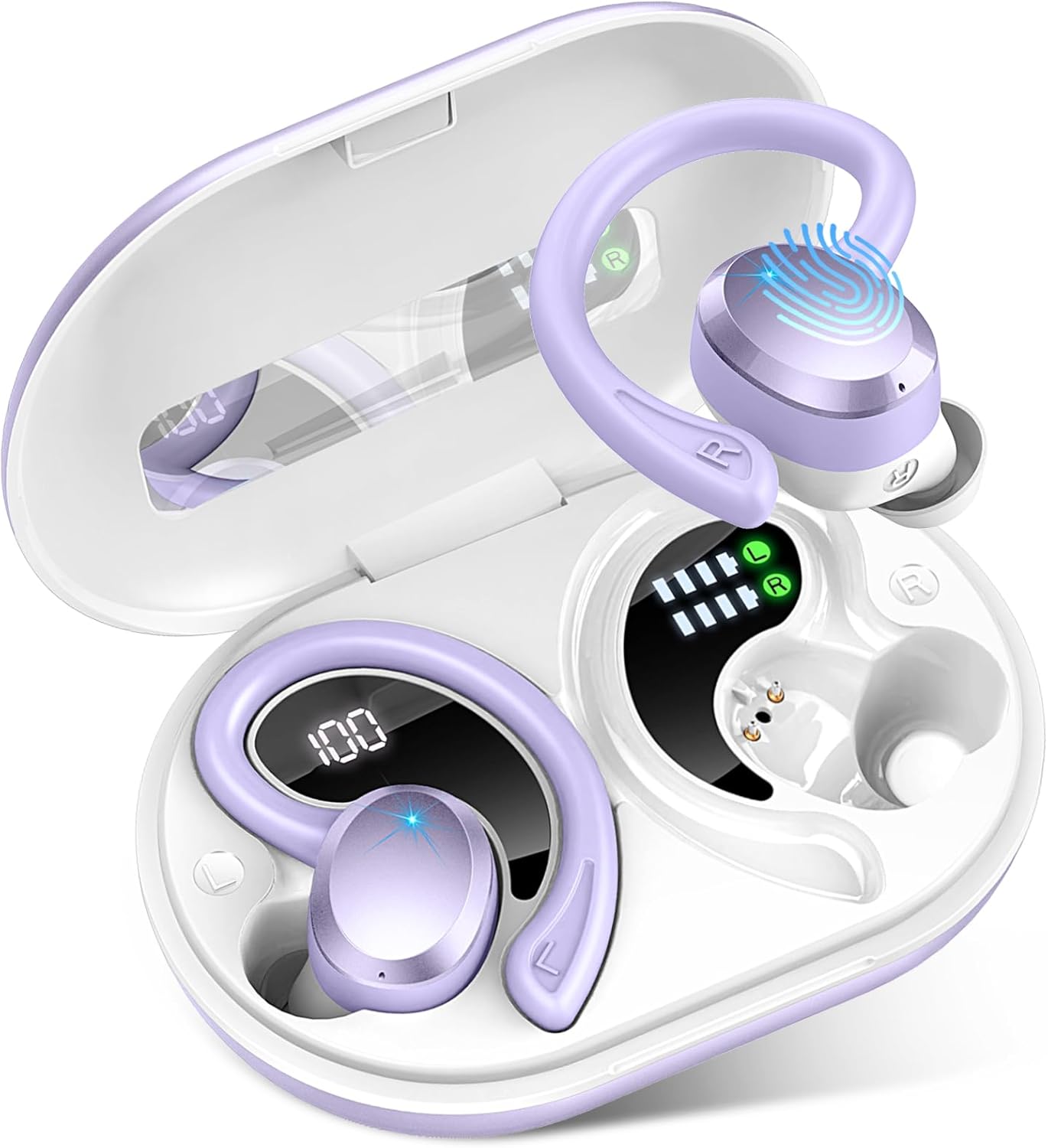 Wireless Earbuds Bluetooth Headphone Sport, Bluetooth 5.3 Earbud 3D HiFi Stereo Over Ear Buds, 48Hrs Earhooks Earphone with Noise Cancelling Mic, IP7 Waterproof Headset for Workout/Running/Gym, Purple