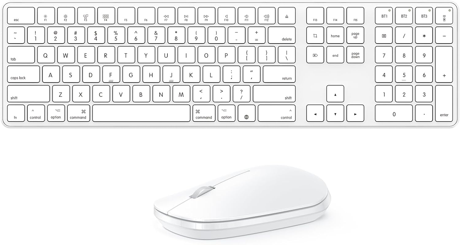 OMOTON Premium Bluetooth Keyboard and Mouse Combo for Mac, Ergonomic, Quiet, Full Size Design with Number Pad, for MacBook Pro/Air, iMac, iMac Pro, Mac Mini, Mac Pro Laptop and PC（Light White）