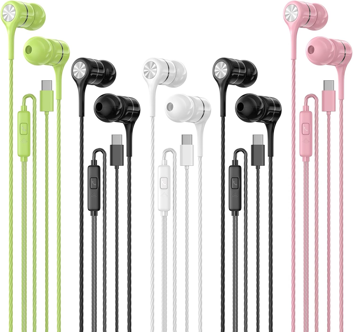 USB C Earbuds with Microphone 5 Pack, in-Ear Wired Headphones with Noise Isolating, Type C Earphone Heavy Bass Stereo Headsets Compatible with iPad, Android Smartphones, for Most USB-C Devices