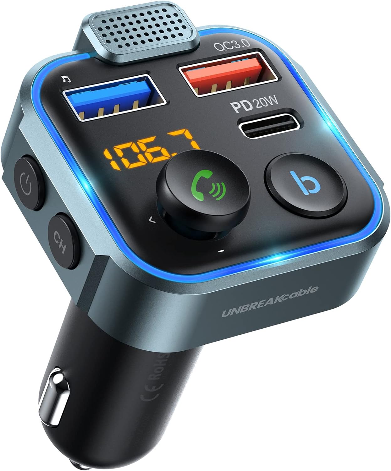 UNBREAKcable Bluetooth 5.3 FM Transmitter for Car, [PD 20W + QC 3.0] [Stronger Microphone & HiFi Bass Sound] Cigarette Lighter Radio Music Adapter Charger, Supports Hands-Free Siri Google Assistant