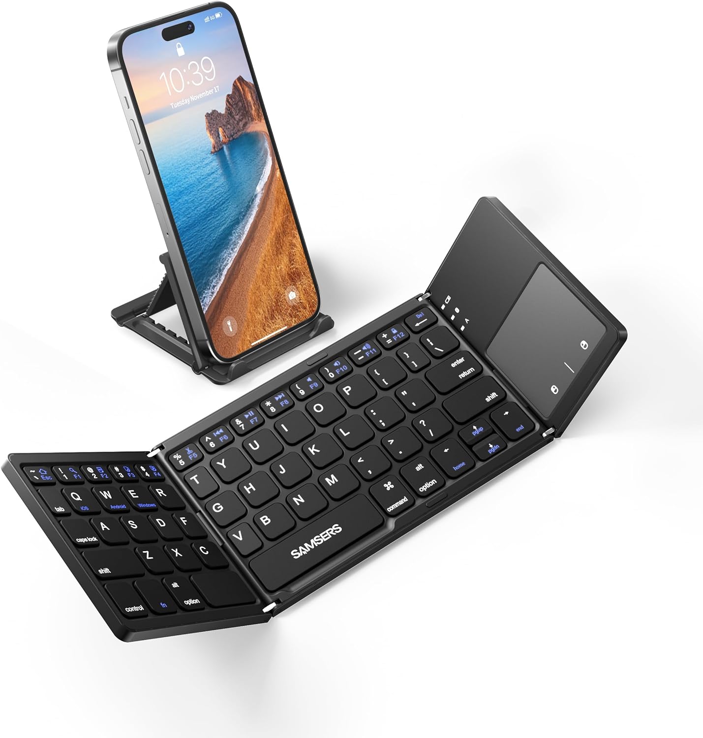 Samsers Foldable Bluetooth Keyboard with Touchpad – Portable Wireless Keyboard with Holder, Rechargeable Full Size Ultra Slim Pocket Folding Keyboard for Android Windows iOS Tablet & Laptop – Black