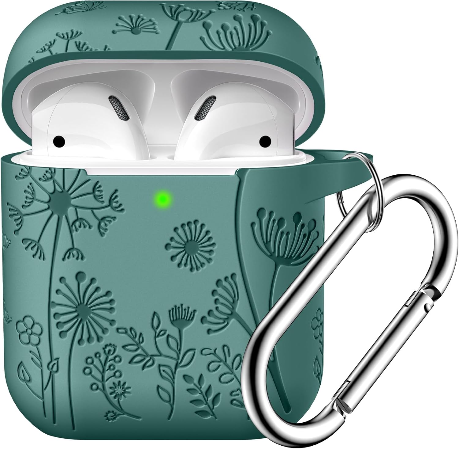 Lerobo Flower Engraved AirPods Case Cover, Stylish Soft Silicone Protector with Keychain Compatible with Apple AirPod 1st/2nd Generation Charging Case, Front LED Visible, Pine Green