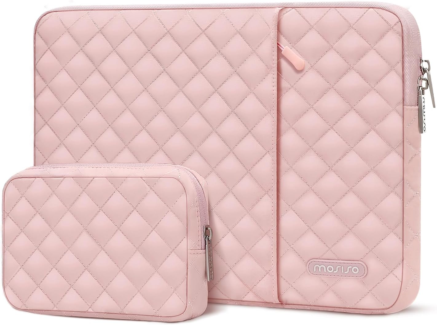 MOSISO Laptop Sleeve Compatible with MacBook Air/Pro, 13-13.3 inch Notebook, Compatible with MacBook Pro 14 inch M3 M2 M1 2024-2021, Square Quilted Vertical Bag with Pocket&Small Case, Chalk Pink