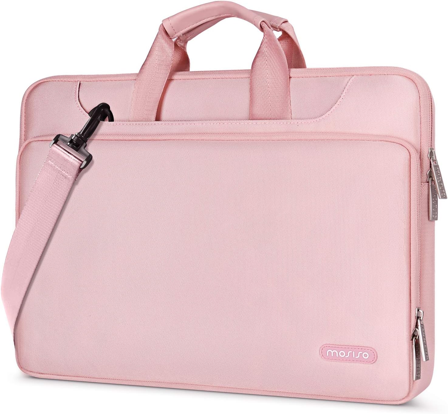 MOSISO 360 Protective Laptop Shoulder Bag Compatible with MacBook Air/Pro, 13-13.3 inch Notebook, Compatible with MacBook Pro 14 inch M3 M2 M1 2023-2021,Matching Color Sleeve with Belt, Pink