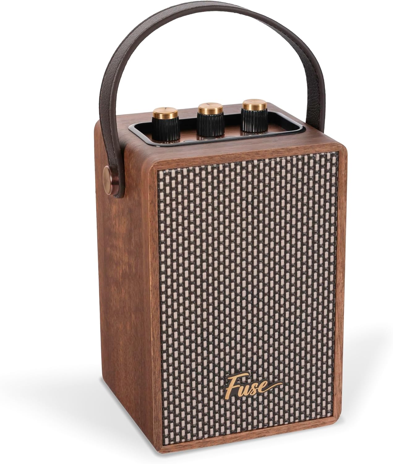 Fuse Andle Vintage Retro Bluetooth Speaker with Vegan Leather Handle | Portable Speaker with Smartphone Connection | USB & AUX Input | Stylish Brown Wood Exterior