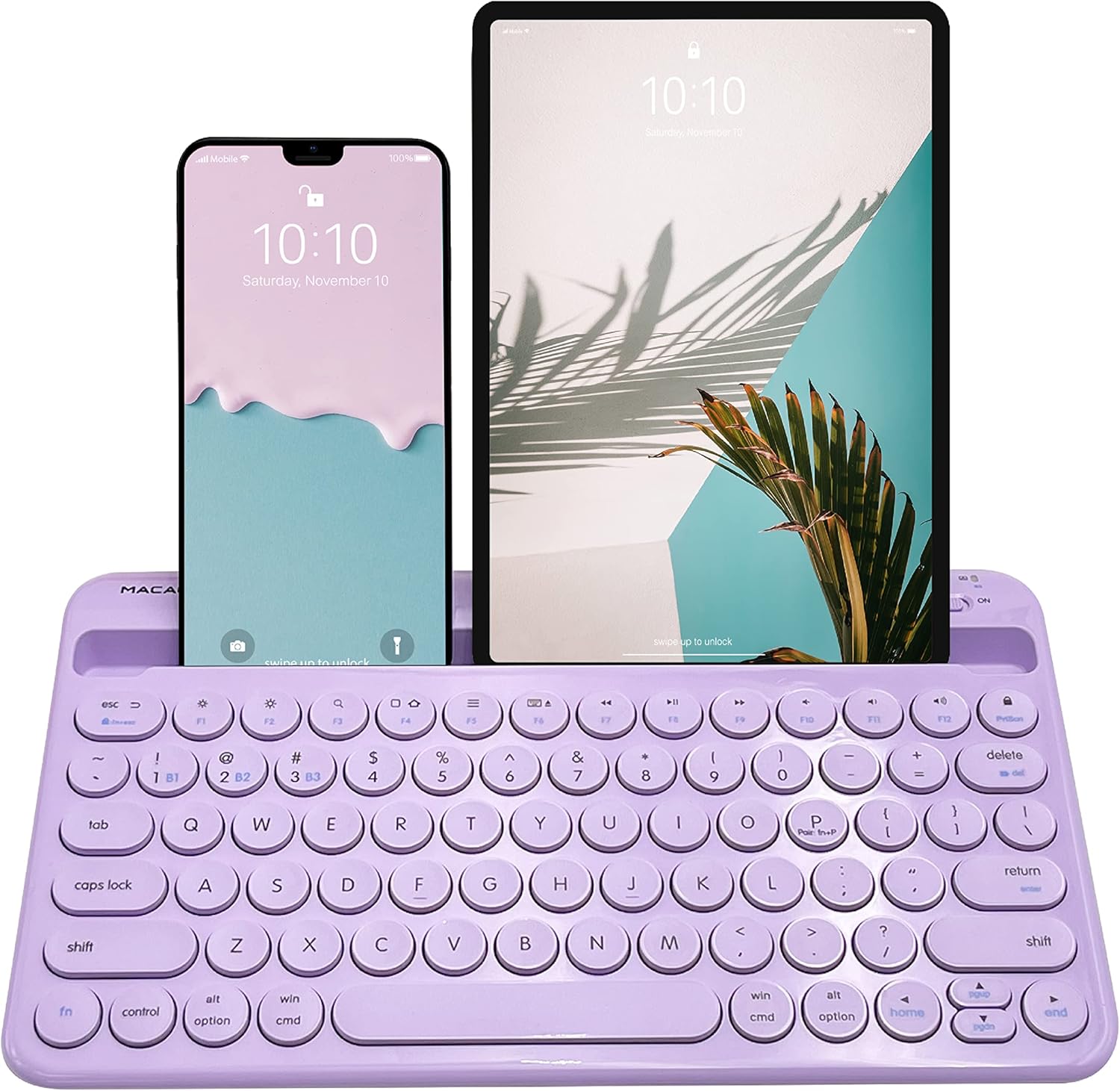 Macally Small Wireless Bluetooth Keyboard for Tablet and Phone, iPad, iPhone, Rechargeable – 78 Key iPad Keyboard with Built-in Stand – Universal Multi Device Compatibility – Purple