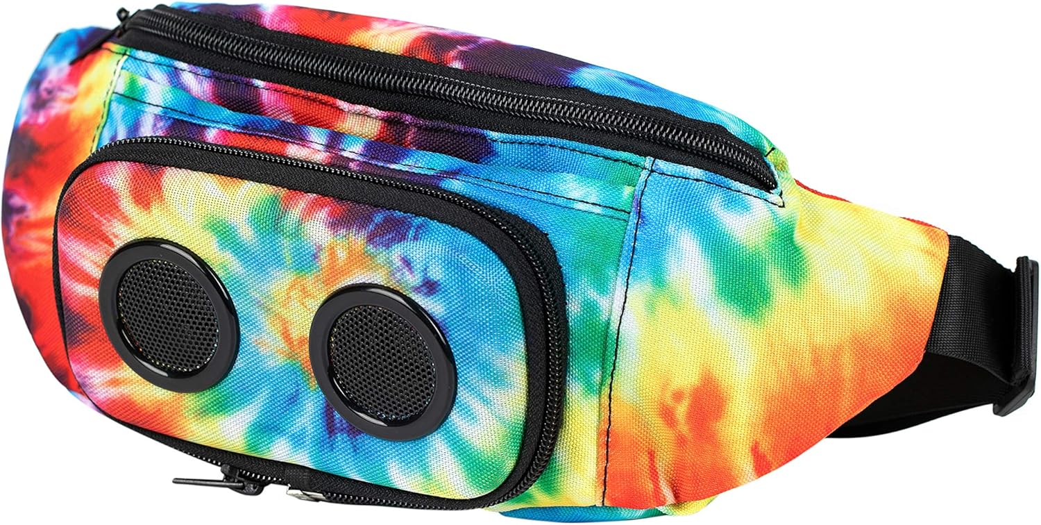 Fannypack with Speakers. Bluetooth Fanny Pack for Parties/Festivals/Raves/Beach/Boats. Rechargeable, Works with iPhone & Android. (Tie Dye, 2024 Edition)