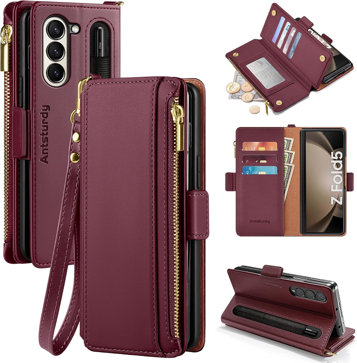 Antsturdy for Samsung Galaxy Z Fold 5 case Wallet Women with 【S Pen Holder】,Galaxy Z Fold 5 Phone case with Card Holder Strap PU Leather RFID Blocking Flip Folio Cover Credit Slots Men,Wine Red