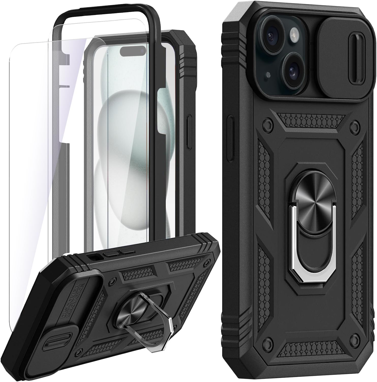 BOBOM [4 in 1 for iPhone 15 Case with Stand Kickstand & Slide Camera Cover [with 2 pcs Tempered Glass Screen Protector] [Military Grade Drop Protection] Cover for iPhone 15 6.1 inch, Black