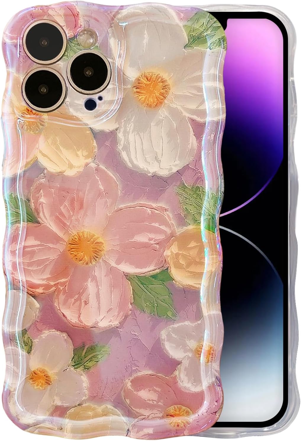 Case for iPhone 12 Pro Max, Vivid Retro Flower Laser Glossy Pattern Oil Painting, Exquisite Stylish Durable TPU Protective，Cute Curly Wave Edge Phone Cover for Girls and Women (Purple)