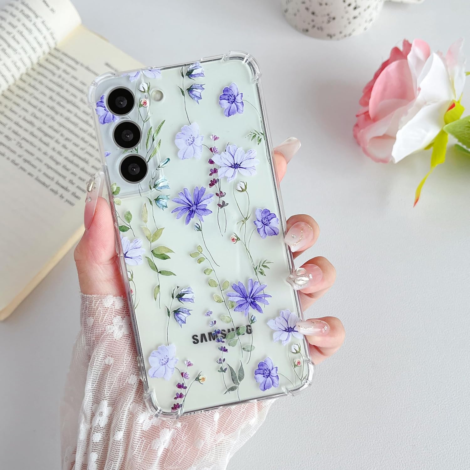 DEFBSC Soft Case Compatible with Samsung Galaxy S22, Clear Floral Flower Pattern Print Design Flexible TPU Shockproof Cover for Women Girls,Flower Protective Phone Case, Purple Cosmos