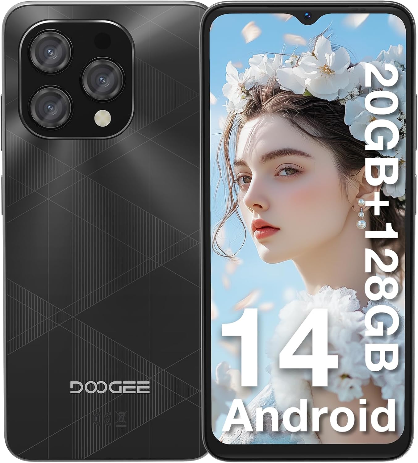 DOOGEE N55 Plus Android 14 Unlocked Cell Phone with 20GB+128GB/TF 1TB(2024), 6.56″ 90Hz Unlocked Phones with 5150mAh, Dual Camera, Dual SIM 4G Unlocked Smartphones with Face ID/OTG(Elegant Black)