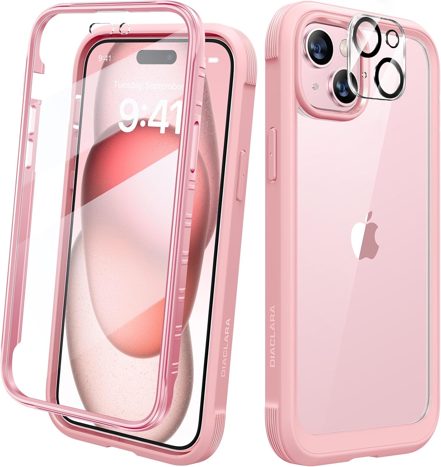 Diaclara Designed for iPhone 15 Case, Full Body Rugged Case with Built-in Touch Sensitive Anti-Scratch Screen Protector, with Camera Lens Protector for iPhone 15 6.1″ (Coral Pink)