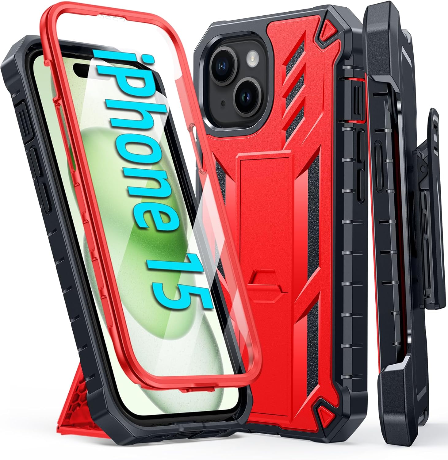 FNTCASE for iPhone 15 Phone Case: Military Grade Shockproof Full Protective Rugged Cell Phone Cover with Kickstand & Belt-Clip Holster, Heavy Duty Drop Proof Hard iPhone 15 Cases 5G – 6.1 Inch Red