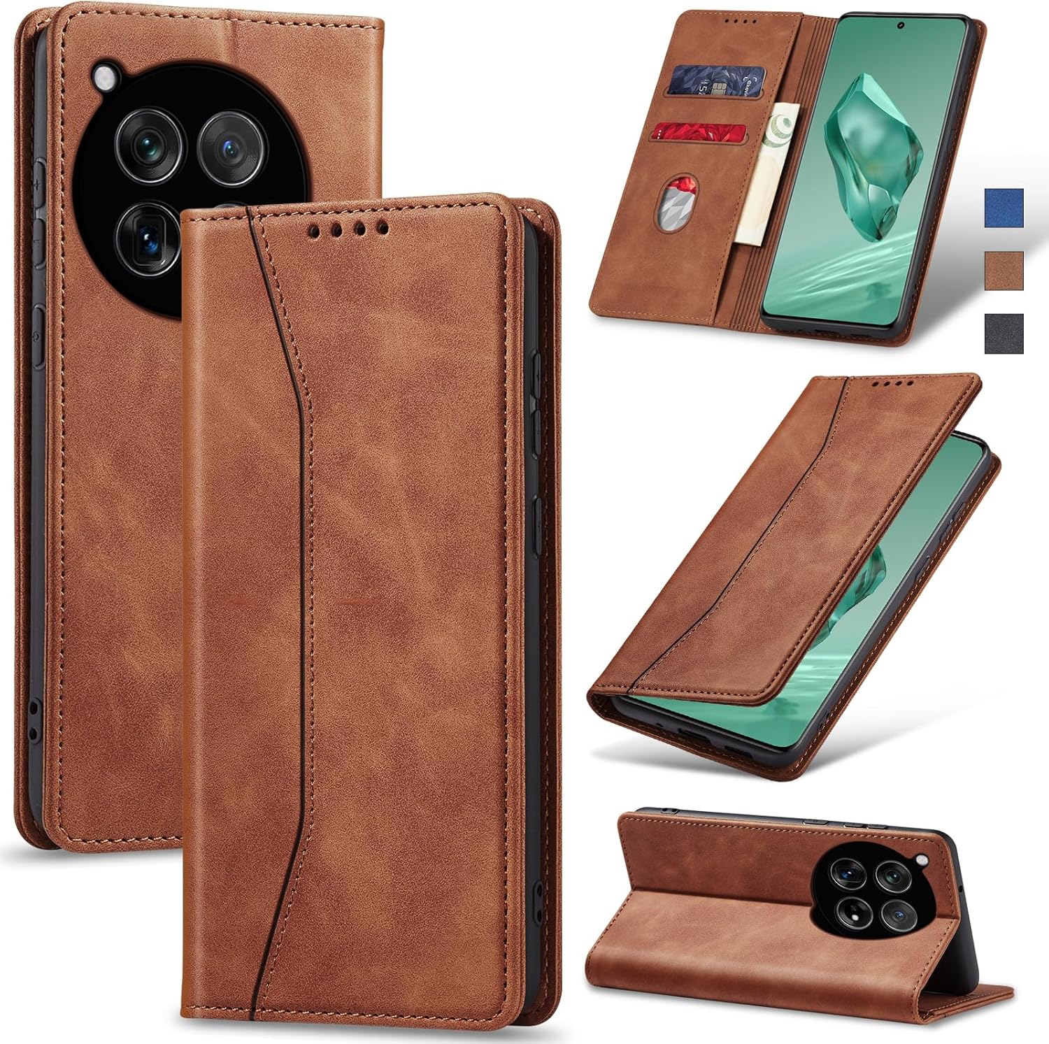 Flip Wallet Case for OnePlus 12,Leather Magnetic Folio Cover with Card Holder,Kickstand – TPU Shockproof Durable Protective Phone Case,Brown