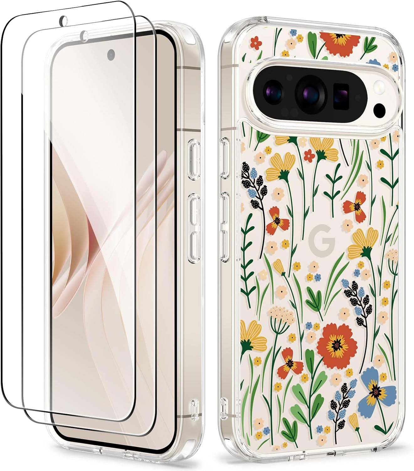 GVIEWIN for Google Pixel 9 Case/Pixel 9 Pro Case, [2X Screen Protector] [Military Grade Protection]Clear Floral Slim Shockproof Protective Women Phone Case Cover for Pixel 9(Blooming Flowerets/Orange)