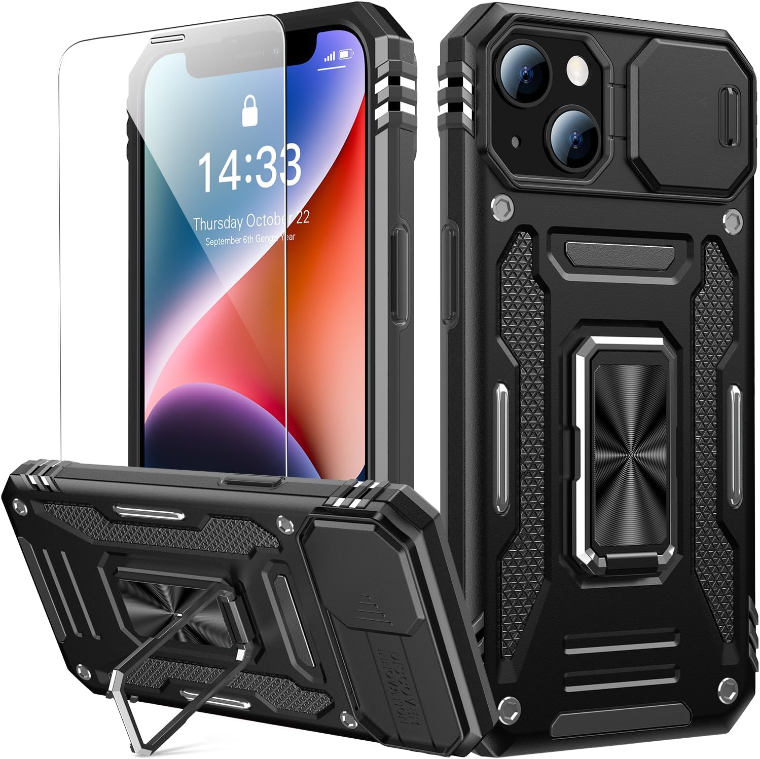 Goodon for iPhone 15 Case with Sliding Camera Cover + Screen Protector – Metal Magnetic Kickstand – Military-Grade Shockproof Matte Protective Phone Cover 6.1″ for Men Women Girls – Black