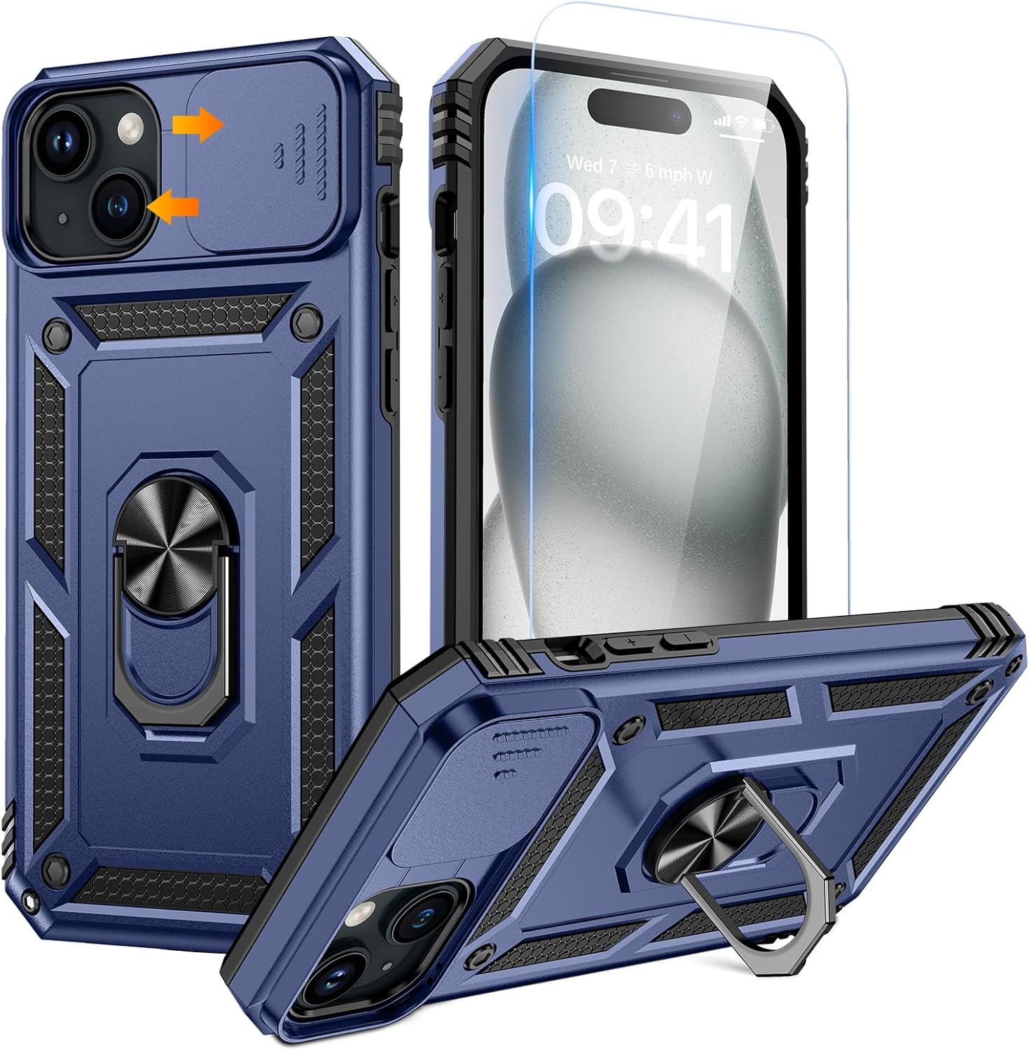 Goton for iPhone 15 Case with Screen Protector – Slide Camera Cover Protective Phone Case with Ring Stand, Heavy Duty Shockproof Rugged Bumper for iPhone 15 Accessories Blue