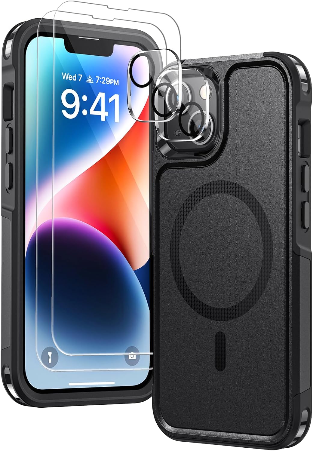 Lanhiem Magnetic for iPhone 14 Case with 2 Tempered Glass Screen Protector and Camera Lens Protector, Shock Absorption, Anti-Scratch Shockproof Case Cover for iPhone 14 6.1 inch, Dark Black