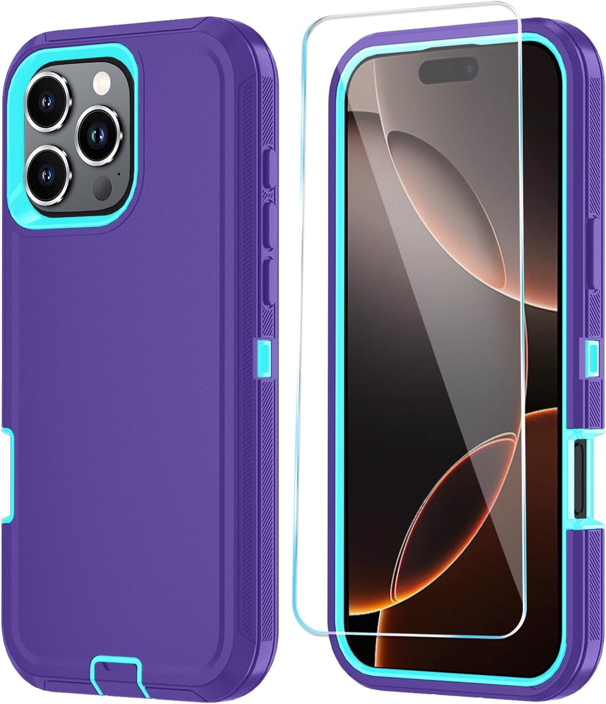 Phone Case for iPhone 16 Pro Max Case with HD Screen Protector, Heavy Duty Shockproof & DustProof & Dropproof 3-Layer Cover Phone Case for iPhone 16 Pro Max (6.9”) (PurpleSkyBlue)